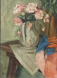 Sadji (Sha Qi, Sha Yinnian) (1914-2005), Stilleven met bloemen en wortelen, olie op doek, gedat. 1945